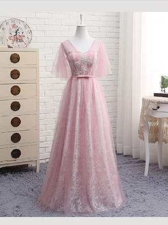 Elegant Half Sleeves A Line Lace V Neck Evening Dresses Long Prom Dresses, MD421