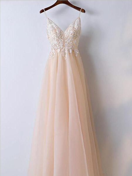 Elegant Spaghetti Straps Lace Top A Line V Neck Long Prom Dresses, MD397