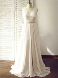 Elegant Lace Top A Line V Neck Sweep Trailing Long Wedding Dresses ,MD378