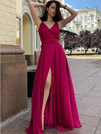 Simple Spaghetti Straps V Neck Side Slit Long Evening Prom Dresses, MD387