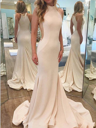 Popular High Neck Sleeveless Sweep Trailing Mermaid Long Evening Prom Dresses, MD385