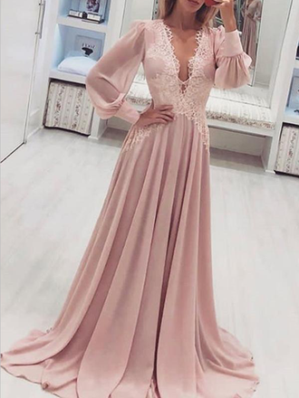 Fashion A Line V Neck Long Sleeves Lace Applique Chiffon Long Prom Dresses, MD399