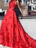 Hand Made Red A Line High Neck Sweep Trailing Long Prom Dresses, MD394