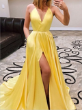 Simple Yellow A Line Satin V Neck Side Slit Long Prom Dresses ,MD372