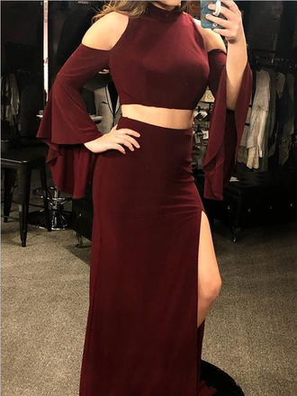 Unique Two Pieces Strapless Shoulder Mermaid Side Slit Long Prom Dresses, MD430