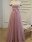 Charming Off The Shoulder Lace Applique A Line Lace Up Long Prom Dresses, SW1021