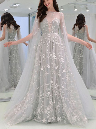 Gorgeous Long Sleeves A Line Floor Length Tulle Long Prom Dresses, MD447