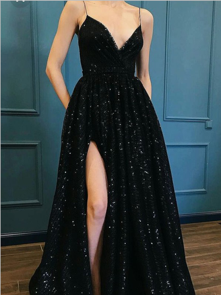 Popular Spaghetti Straps V Neck Side Slit A Line Black Sequin Long Prom Dresses, MD440