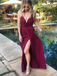 Simple Burgundy V Neck Spaghetti Strap A Line Side Slit Long Prom Dresses, MD454