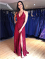 Pretty Halter Burgundy V Neck Backless Side Slit Lace Long Prom Dresses, MD453