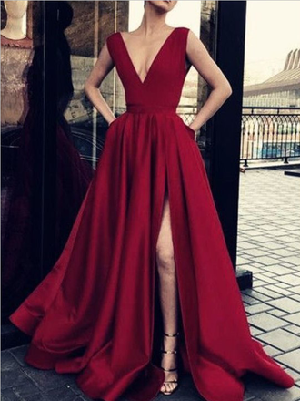 Cheap Burgundy Deep V Neck A Line Sleeveless Side Slit Long Prom Dresses, SW1020