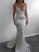 Shiny Spaghetti Strap V Neck Sweep Trailing Side Slit Mermaid Long Prom Dresses, MD468