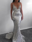 Shiny Spaghetti Strap V Neck Sweep Trailing Side Slit Mermaid Long Prom Dresses, MD468