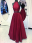 Simple Burgundy Halter Backless Satin A Line Floor Length Long Prom Dresses, MD450