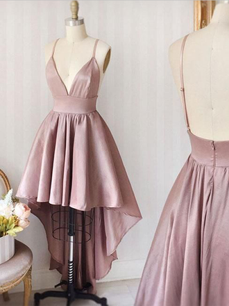 Simple Spaghetti Strap V Neck High Low Short Homecoming Dress, BTW131