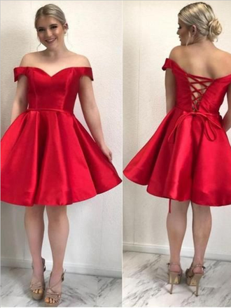 Simple Off Shoulder Red A Line Lace Up Short Homecoming Dress, BTW157