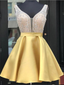 Elagant Yellow Pretty A Line Satin Beaded Short Homecoming Dresses, BTW148