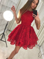 Elagant Round Neck Cheap Red Lace A Line Short Homecoming Dresses, BTW150