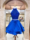 Pretty Halter A Line Tulle Satin With Beading Mini Short Homecoming Dress, BTW135