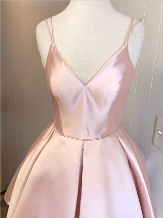 Simple V Neck Spaghetti Strap Pink A Line Mini Short Homecoming Dress, BTW138