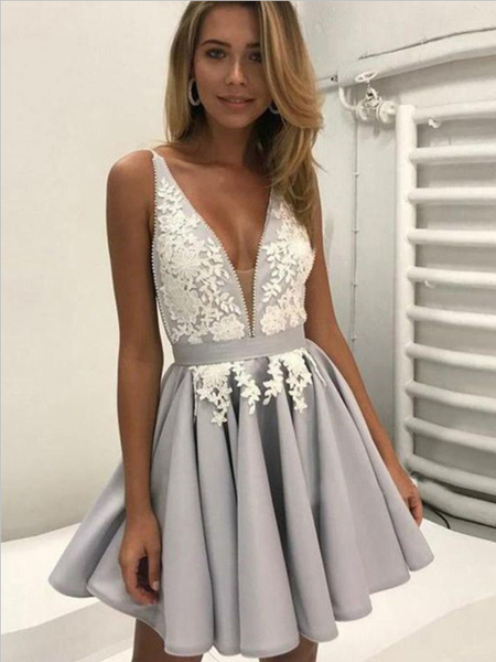 Elegant V Neck Sleeveless Lace Applique A Line Short Homecoming Dress, BTW156