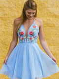 Elegant Deep V Neck Lace Up Chiffon A Line Short Homecoming Dresses, BTW161