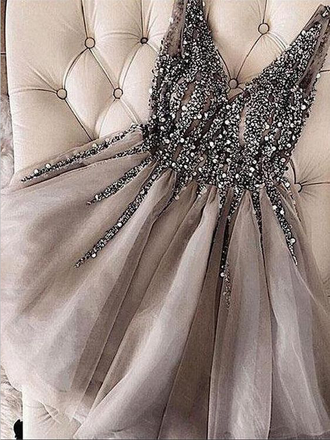Sexy V Neck A Line Tulle Beaded Rhinestone Short Homecoming Dress, BTW149