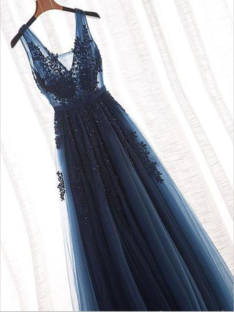 Fashion A-Line V Neck Long Tulle Prom Dresses Lace Evening Dress, MD314