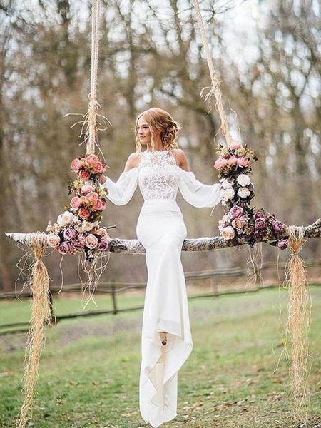 Long Sleeves Ivory Lace Top Chiffon Romantic Wedding dress RPD2101
