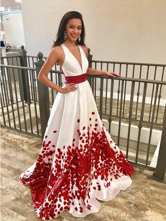 Red Applique V-neck Satin A-line Long Prom Dresses DPB127