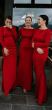 Red Jersey Long Sleeve Sheath Cheap Long Bridesmaid Dresses,DB129
