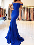 Royal Blue Off the Shoulder Mermaid Long Prom Dresses with Train, DPB114