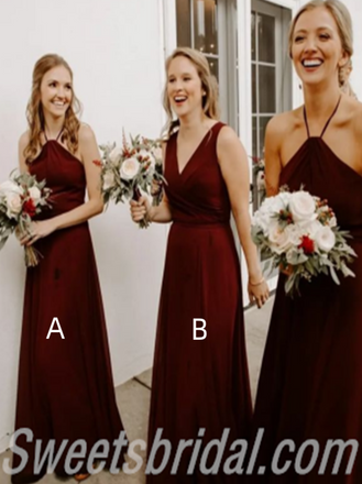 Mismatched Burgundy V-neck Halter A-line Long Bridesmaid Dresses,SWE1267
