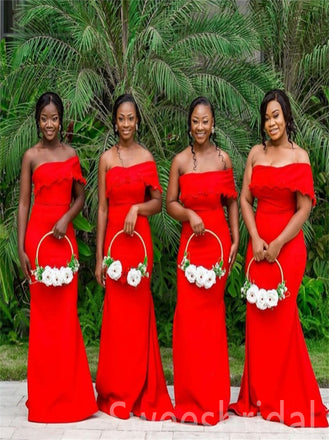 Red Off-shoulder Elegant Simple Pretty Long Bridesmaid Dresses,SWE1301