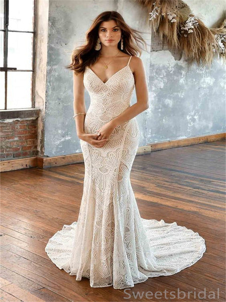 Simple Spaghetti straps V-neck Mermaid Lace applique Wedding Dresses, DB0251