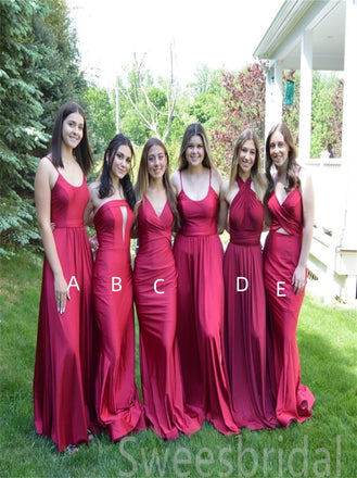 Mismatched V-neck Off-shoulder Spaghetti straps Elegant Simple Pretty Long Bridesmaid Dresses,SWE1300
