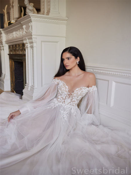 Simple V-neck Off-shoulder A-line Lace applique Wedding Dresses , DB0252