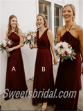 Mismatched Burgundy V-neck Halter A-line Long Bridesmaid Dresses,SWE1267