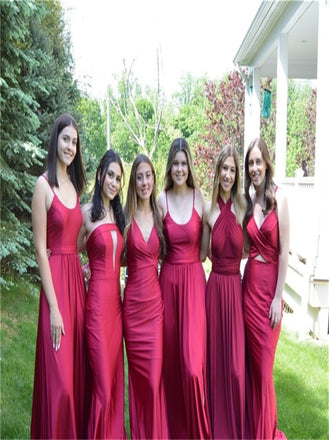 Mismatched V-neck Off-shoulder Spaghetti straps Elegant Simple Pretty Long Bridesmaid Dresses,SWE1300