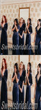 Mismatched V-neck side slit A-line Elegant Simple Long Bridesmaid Dresses,SWE1271