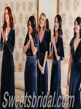 Mismatched V-neck side slit A-line Elegant Simple Long Bridesmaid Dresses,SWE1271