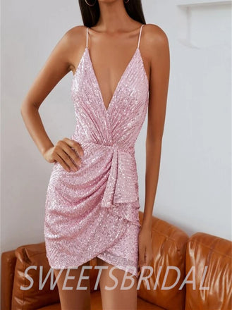 Simple V-neck Spaghetti Strap Sequin Mini Short Homecoming Dresses, BTW308