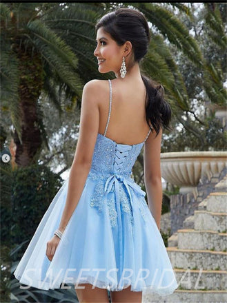 Simple Applique Spaghetti Strap Sequin Mini Short Homecoming Dresses, BTW310