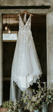 See Through Lace Ivory Tulle V-neck V-back Beach Wedding Dresses,DB0160