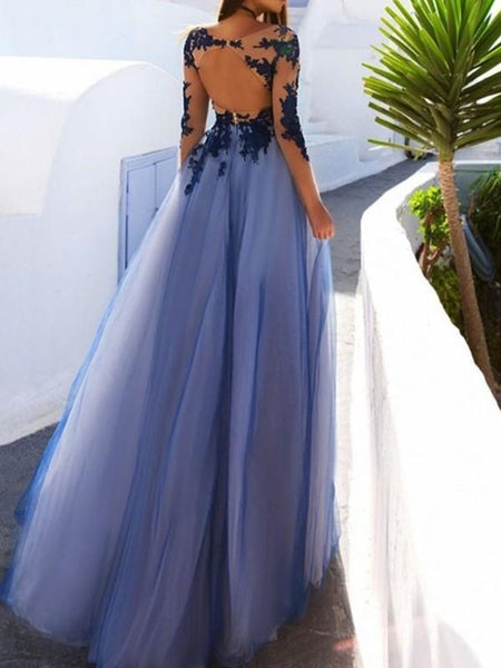 Seen Through Top Long Sleeves Applique Tulle A-line Open Back Prom Dress DPB145