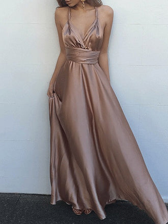 Simple V-Neck Sleeveless Criss-Cross Strap Floor Length Evening Prom Dresses, SW0062