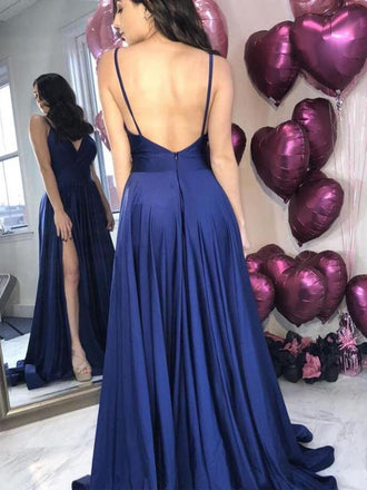 Spaghetti Strap A Line Side Slit Simple Long Bridesmaid Prom Dresses DPB3109