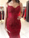 Spaghetti Strap Burgundy Lace Appliqued Long Mermaid Prom Dresses DPB139