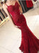 Spaghetti Strap Burgundy Lace Appliqued Long Mermaid Prom Dresses DPB139