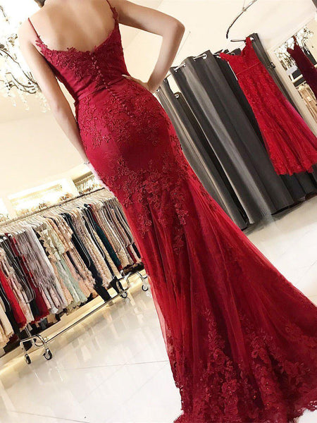 Spaghetti Strap Burgundy Lace Appliqued Long Mermaid Prom Dresses DPB139